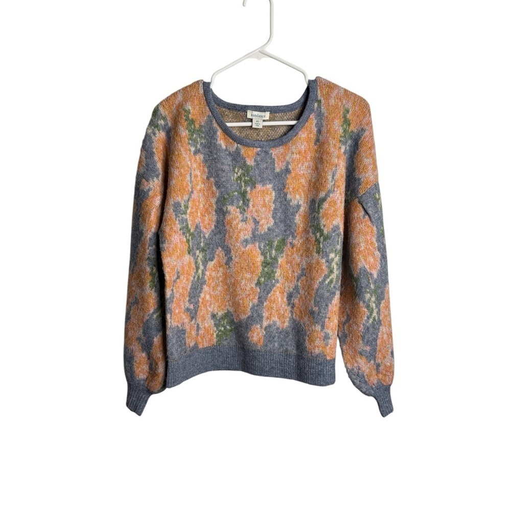 Sundance Kristan Floral Sweater Balloon Sleeves Oversized size XS Blue & Peach - Picture 2 of 6